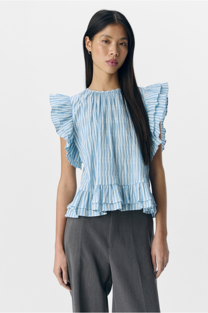 OBJFINE RE S/L O-NECK FRILL TOP 139 23046859 Cornflower Blue/Stripes